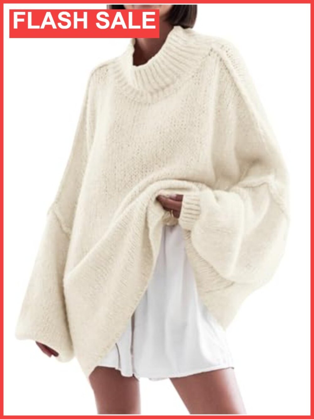 Oversized Mock Neck Tunic Sweater Batwing Long Sleeve Ribbed Knit